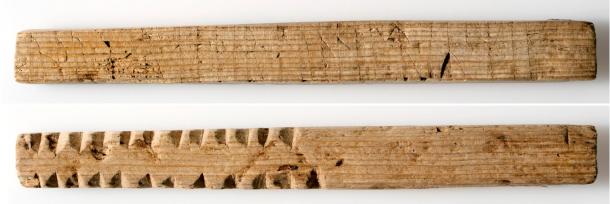 Romantic runic inscription and control notches: “Please love me” on one side and notches on the other, probably showing the number of sacks or barrels that were unloaded or loaded on merchant ships. The wooden stick is about 11 centimeters (4.3 inches) long. (Image: Svein Skare, University Museum of Bergen).