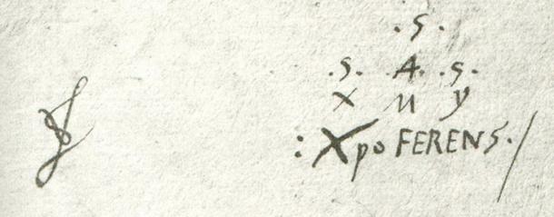 The conspiracy to hide Cristóbal Colón's Portuguese origins was international in scope, including even (amazingly) the Spanish monarchs he betrayed. His coded signature is a puzzle unto itself and still remains to be fully deciphered. On the lower line is written his chosen pseudonym ": XpoFERENS ./” [colon (:) Christopher semi-colon (;)] 