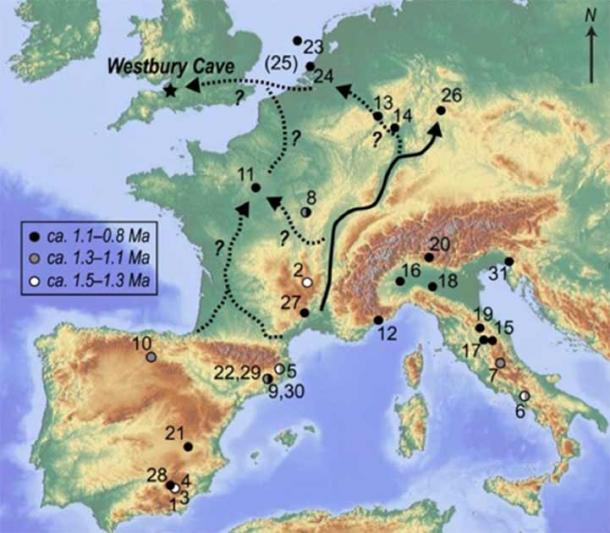 Mapa que muestra la biogeografía de los hipopótamos gigantes en Europa occidental a finales del Pleistoceno inferior. (Adams et al. / The Journal of Quarterly Science)