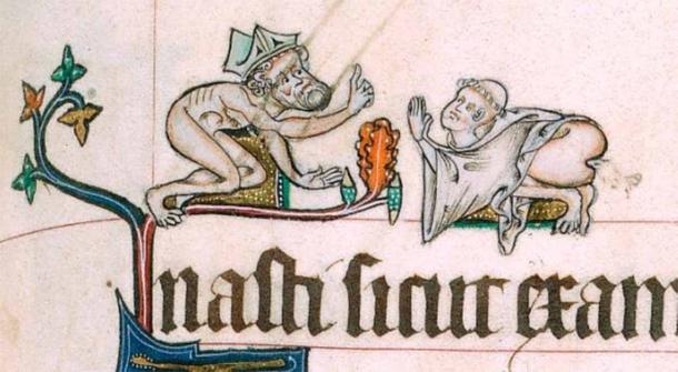 A naked bishop reprimands a clergyman for defecating in the Psalter Gorleston, c.  1310-1324.