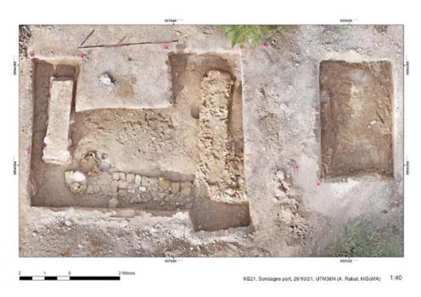 The boatshed at the Kition harbor in Cyprus, Greece, dating back to the Archaic era (800 BC-480 BC). On the left: the pillar base belonging to the eastern row of the 7th boat ramp.   (A. Rabot /Department of Antiquities, Republic of Cyprus)