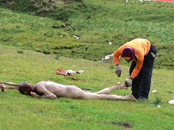 A body being prepared for Sky burial in Sichuan.