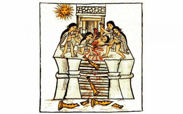 The body of a young man offered to Tezcatlipoca Huitzilopochtli found at the possible burial site of the Aztec king from the Spanish Codex by Bernardino de Sahagún. (Public domain)