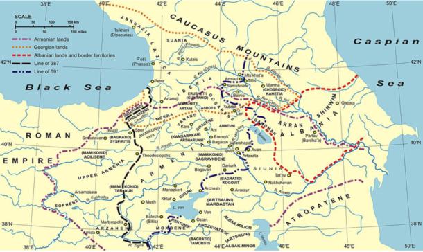 The borders of ancient Caucasian Albania (red dashed line), now largely the Republic of Azerbaijan.