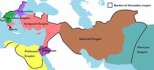 The borders of Alexander's empire in black lines, and Diadochi realms (colored). (History of Persia / CC BY-SA 4.0)