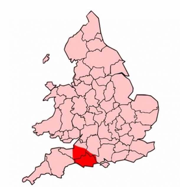 The boundaries of England and Wales; the territory of the Durotriges tribe is overlaid in red. (Map by Jbp1201/CC BY-SA 3.0)