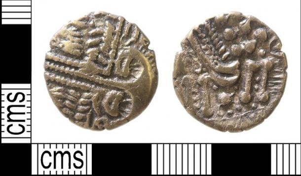 An Iron Age British southern gold stater of the Atrebates or Belgae, Rudd's 'Cheriton smiler' type, dating to 60-20 BC.