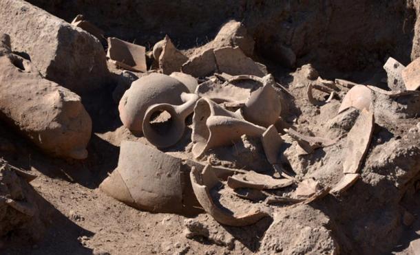 Some of the broken ceramics that were found in one room, apparent evidence of abandonment of the village