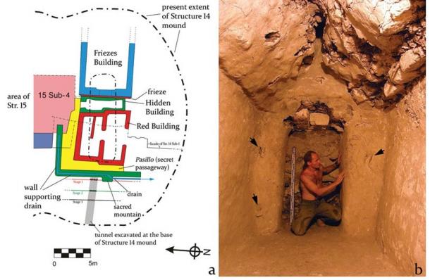 At left is a plan of all buildings found below the Structure 14 mound (drawing: Aleksander Danecki and Wiesław Koszku)l. The photo on the right shows the interior of the Hidden Building with its small chamber and a doorway only 1.4m high; arrows mark three hinges used to block the entrance to the room