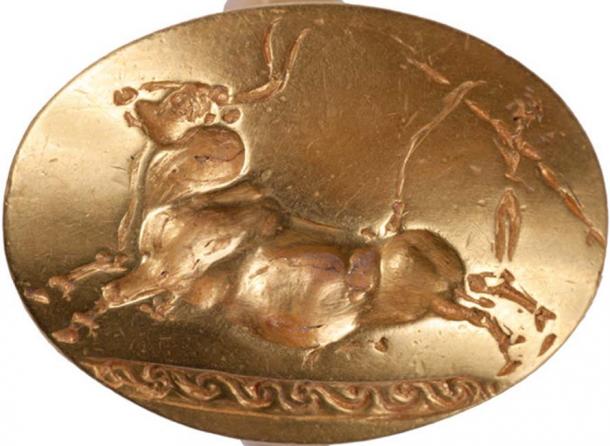 A ring showing a bull which was found in the tomb of the Griffin Warrior.