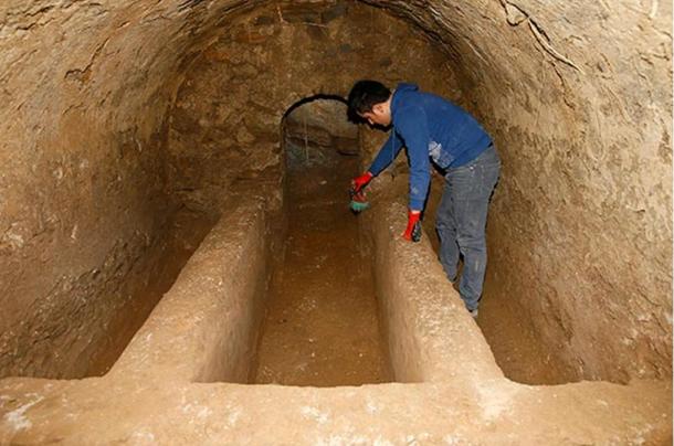 Inside the burial chamber where three coffins and unique grave goods were found.