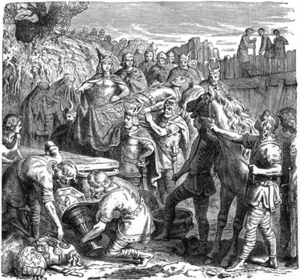 Illustration of the burial of Alaric in the bed of the Busento river. (1895) By Heinrich Leutemann.