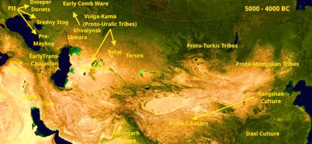 The busiest part of early human civilization in the Caucasus region, specifically between the Black Sea and the Caspian Sea in the upper left of this map, included the pre-Maykop peoples, the PIE speaking peoples and the Proto-Uralic tribes. (Webspace Ship)