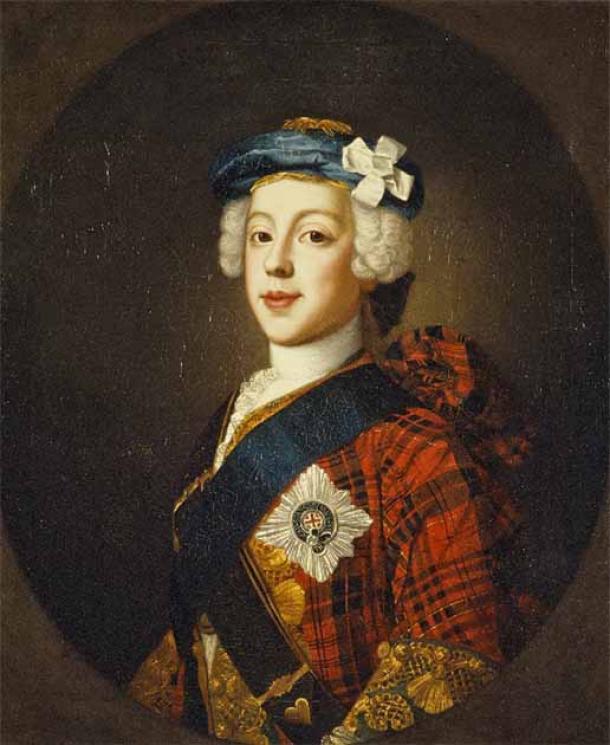 Prince Charles Edward Stuart of Scotland wearing a white (Jacobite) peaked hat (Public Domain)