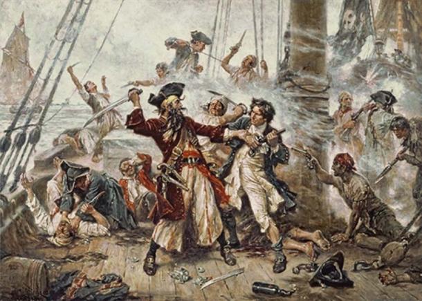 A depiction by Jean Leon Gerome Ferris of the capture of the Pirate Blackbeard, 1718. (Public Domain)