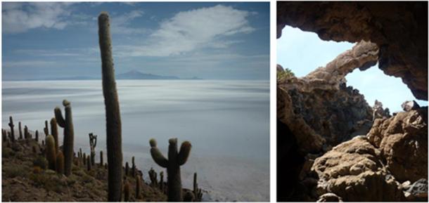 Left: View across the Salar de Uyuni to Tunupa volcano from the Island of Incahuasi. Right: A natural bridge in Incahuasi. (Rafael Videla Eissmann)