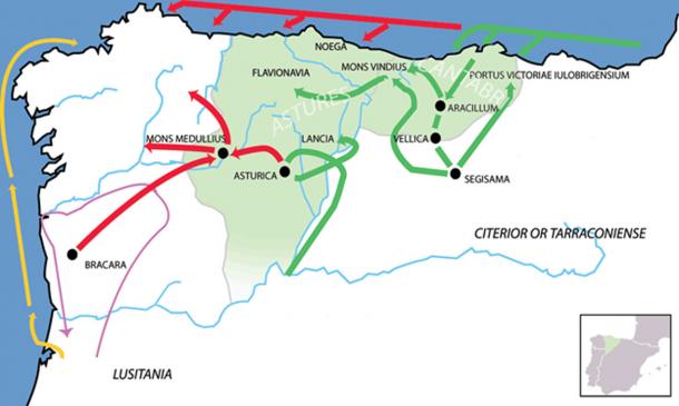 Roman campaigns versus the Cantabria and the Asturias (Green) 22 BC campaign (Red) 25 BC campaign (Purple) D.J. Brutus 137 BC campaign (Yellow) Caesar’s arrival. 