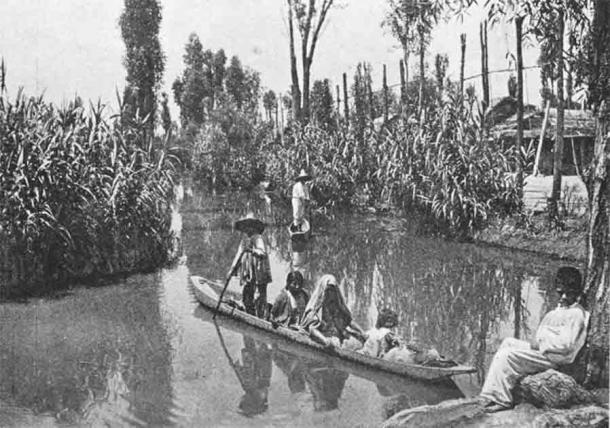 Chinampa techniques use canals and artificial islands. This photo shows one in 1912. (Karl Weule, Leitfaden der Voelkerkunde /Public Domain)