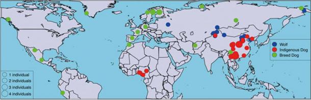 Geographic locations of the 58 canids sequenced in the study.