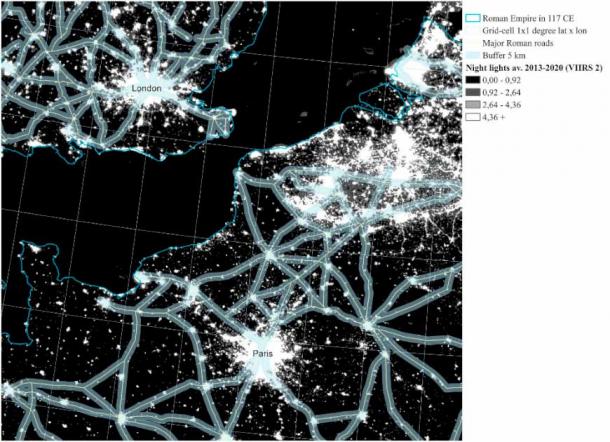 To conduct the study, the researchers superimposed maps of the Roman Empire's road network on top of modern satellite images showing the intensity of light at night – a way to estimate economic activity in a geographic area.  (Delgard et al.)