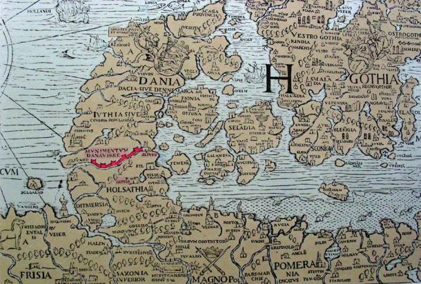 The Danevirke (shown in red) on the 16th-century Carta Marina by Olaus Magnus, published in 1539. (Public domain)