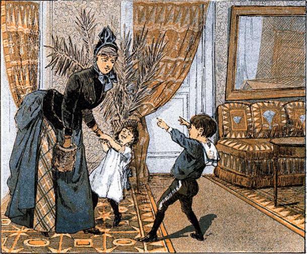 Boy: Mother, you know what! While you've been gone, the stork came here with a little brother! ...April Fool! (Public Domain)