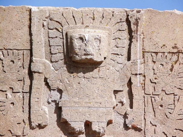 A carving of Viracocha on the Sun Gate at Tiwanaku
