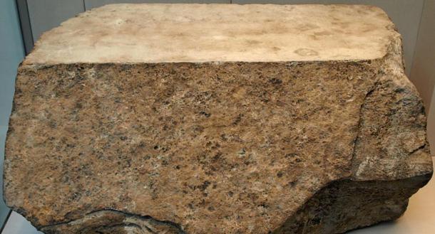 One of the original casing stones for the Great Pyramid (circa 2570 BC), most of which were removed during medieval times. This block was found in the rubble surrounding the pyramid. 