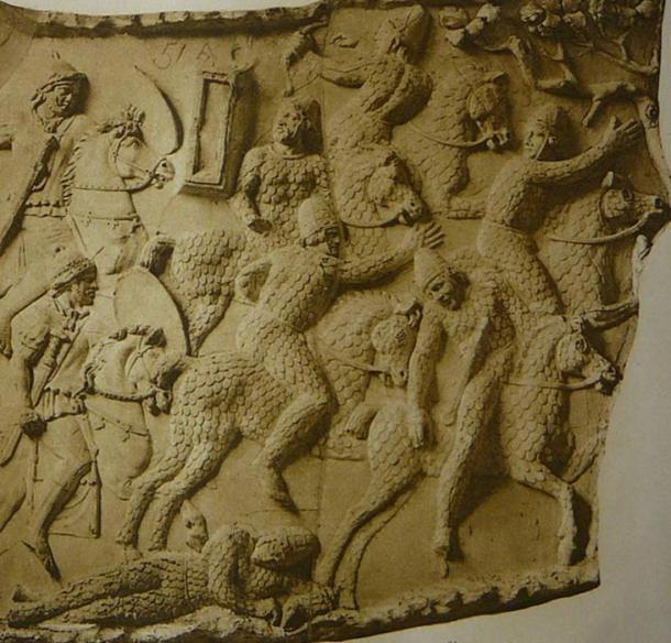 A depiction of Sarmatian cataphracts fleeing from Roman cavalry during the Dacian wars circa 101 AD, at Trajan's Column in Rome.