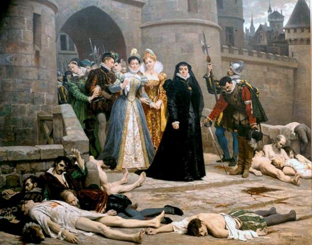 Catherine de Medici looks at Huguenots massacred in France, 1880 painting by Edouard Debat-Ponsan