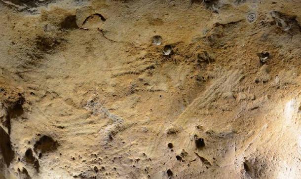 Sample of the Neanderthal cave engravings under analysis (above) and drawing showing the limits of the finger flutings in black (below). (J. Esquerre & H. Lombard / PLoS ONE)