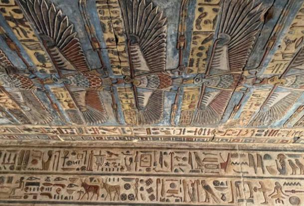 This ceiling, covered with images of the cobra goddess Wadjet, was just one of the reliefs that were brought back to life by the Esna temple restoration project. Source: Ministry of Tourism and Antiquities