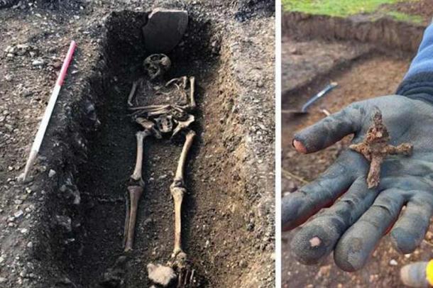 English archaeologists have stumble upon a once-in-a-lifetime Romano-British settlement near Bishop’s Stortford, Hertfordshire. This skeleton and a caltrop, a Roman era area denial weapon, similar to police spikes used to stop cars today, were unearthed at the Grange Paddocks site. Source: East Herts District Council
