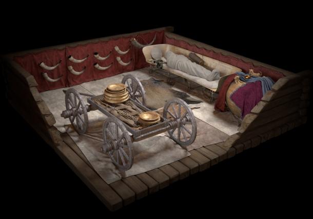 Visualization of the central grave/main burial of the Hochdorf mound in Baden-Württemberg. (© Landesmuseum Württemberg, FaberCourtial; Thomas Hoppe,scientific re-construction.