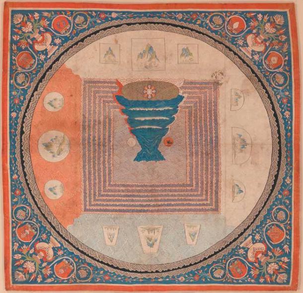 14th century tapestry-woven mandala, or cosmic diagram, illustrating at its center the mythological Mount Meru, represented by an inverted pyramid topped by a lotus, which makes the author think of a mother ship. (Public domain)
