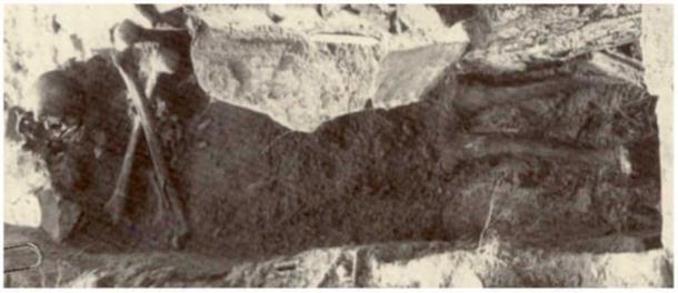 The 19th century grave of JB55 in Griswold, Connecticut, showing the remains arranged in a manner to prevent the ‘vampire’ from rising and 