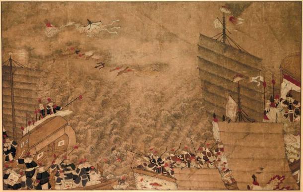An 18th century illustration showing a naval battle between Japanese wako pirates and a Chinese naval ship (Public Domain)