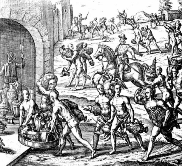 16th century engraving depicting the carrying of gold and silver for the ransom of the Inca Atahualpa in Cajamarca. The exploitation and enslavement of conquered peoples was common. (Public Domain)