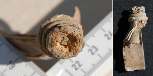 [Left]Top view of ceramic stopper, [Right] Vessel showing splayed layers