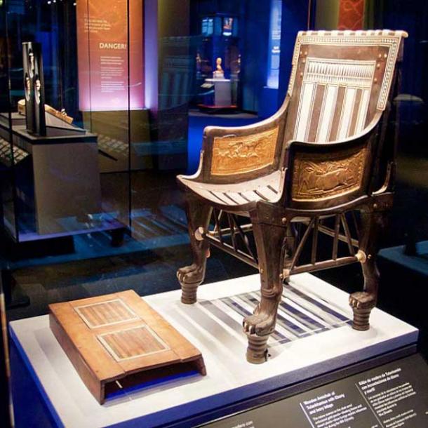 Child-sized chair and footstool made of ebony inlaid with ivory found in Tutankhamun’s tomb, which he may have used as a child. Photographed at the Discovery of King Tut exhibit at the Oregon Museum of Science and Industry in Portland, Oregon. (Bill Abbott / CC by SA 2.0)