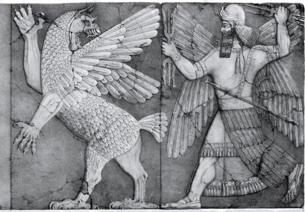 A chaos monster (perhaps Tiamat), and a sun god, perhaps Marduk.