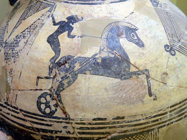 Representation of a chariot race on a clay hydria.
