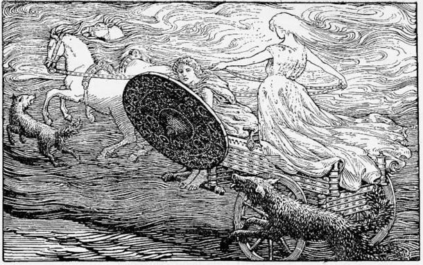 The chariot of the Norse sun god Sol, protected by Svalinn, chased by the wolf Hati (Public Domain)