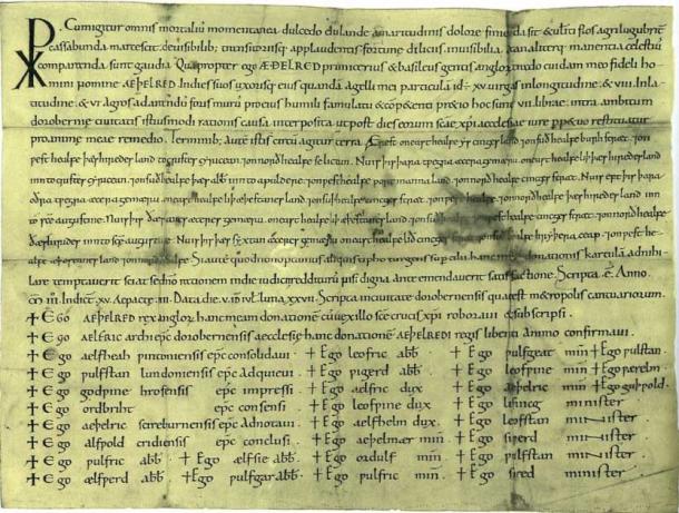 Athelred's charter from 1003, in London's British Library, to his followers, which were his instructions to his people should he die suddenly, which he did about 10 years later. (Public domain)