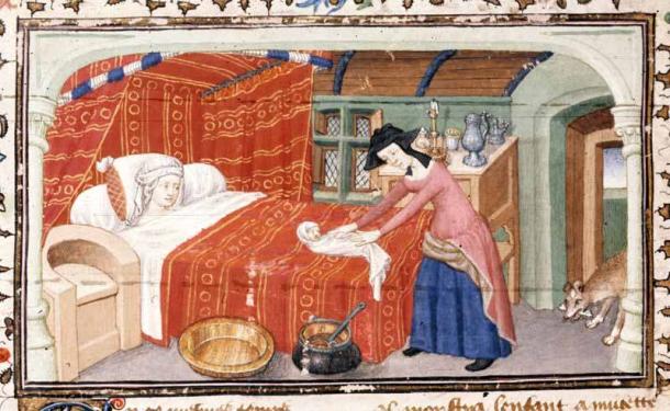 Medieval image of childbirth, 15th century. (Public Domain)
