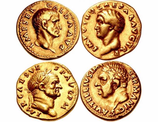 Tacitus chronicled this tumultuous period of civil war and imperial succession after the death of Nero. This included the rise of the four Roman emperors of 69 AD—Galba, Otho, Vitellius and Vespasian—depicted in the aurei above. (CC BY-SA 4.0)