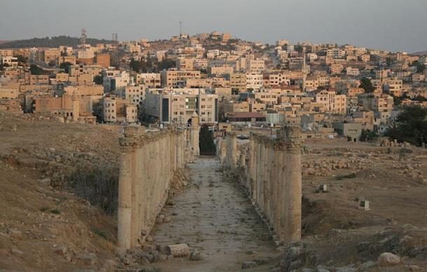 A colonnade leading to a modern part of the city of Jerash. 