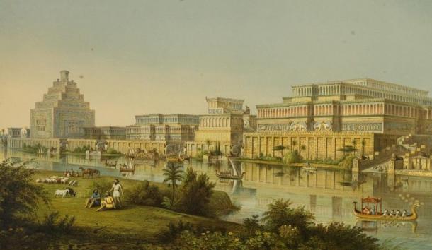 1853 restoration of what the city of Kalhu, Ninurta's main cult center in the Assyrian Empire, might have originally looked like, based on the excavations of the British archaeologist Austen Henry Layard there in the 1840s. 