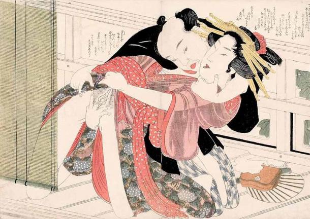 A geisha and her client (Katsushika Hokusū / Public Domain)
