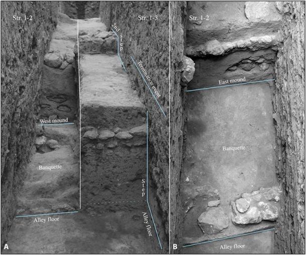 Close up of ballcourts’ architectural differences. (A) While Str. 1-2 has a banquette, Str. 1-3 has a major step or terrace instead that covers the earlier banquette, with a second step visible further to the west, all of which was covered by the termination event. The alley shown is from Str. 1-2 (looking west). (B) Detail of Str. 1-2’s architecture, showing alley, banquette, and eastern mound (looking east). (J. Blomster / George Washington University)